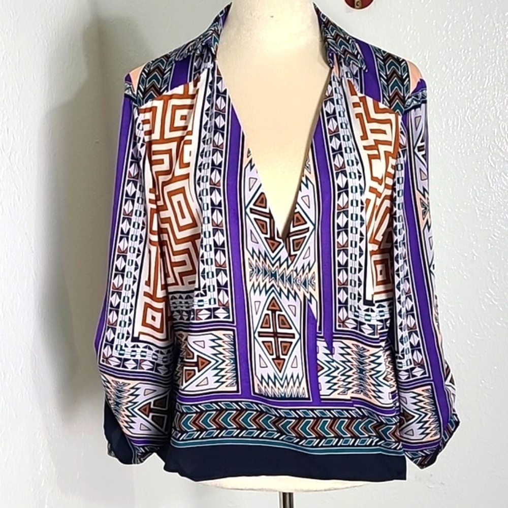Gianni Bini Multi-Colored Wrap Blouse, Long Button-tab Sleeves, Size Medium